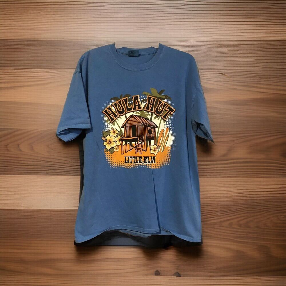 Hula Hut Little Elm Souvenir Large T-Shirt Blue Distressed Graphic Tee DS Weird
